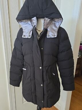 MARALYN & ME BRAND WOMEN'S JUNIORS BLACK HOODED PUFFER COAT SIZE MEDIUM
